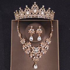 Baroque Silver Crystal Bridal Jewelry Sets Tiara Crown Earrings Necklace Set