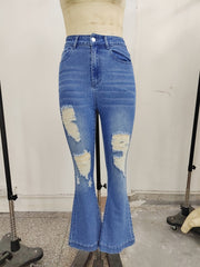 Vintage Flare Leg Ripped Jeans Distressed High Rise Whiskering Bell Botton Retro