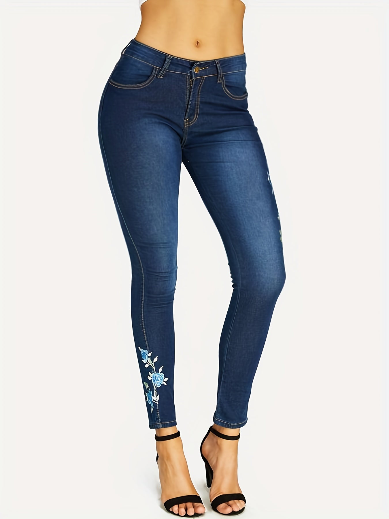 Floral Embroidery Skinny Jeans High Rise Denim Pants Women's Clothing
