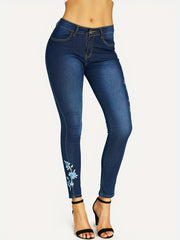 Floral Embroidery Skinny Jeans High Rise Denim Pants Women's Clothing