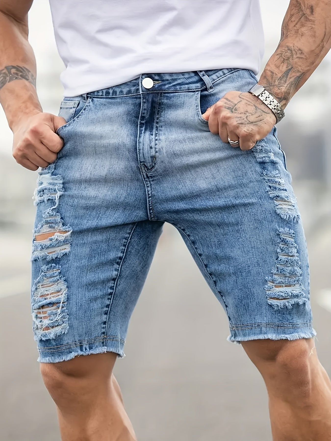 Men's Ripped Denim Shorts Street Style Distressed Denim Shorts