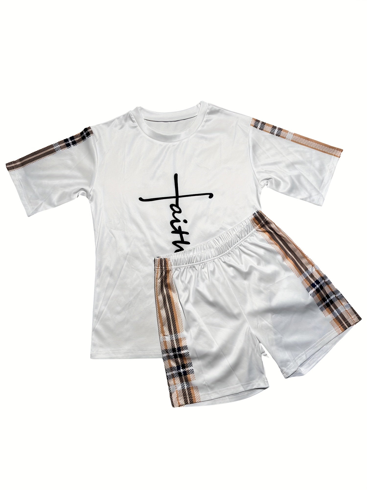 Plaid Two-piece Set Faith Print Tops & Workout Shorts Outfits