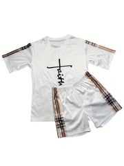 Plaid Two-piece Set Faith Print Tops & Workout Shorts Outfits