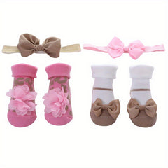 4pcs Baby Girls Princess Bow Striped Cotton Flip Socks & Flower Headband Set