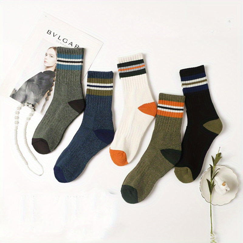 5 Pairs Colorblock Striped Socks Crew Sports Stockings