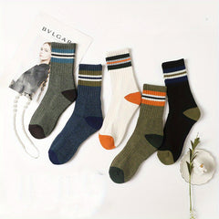 5 Pairs Colorblock Striped Socks Crew Sports Stockings