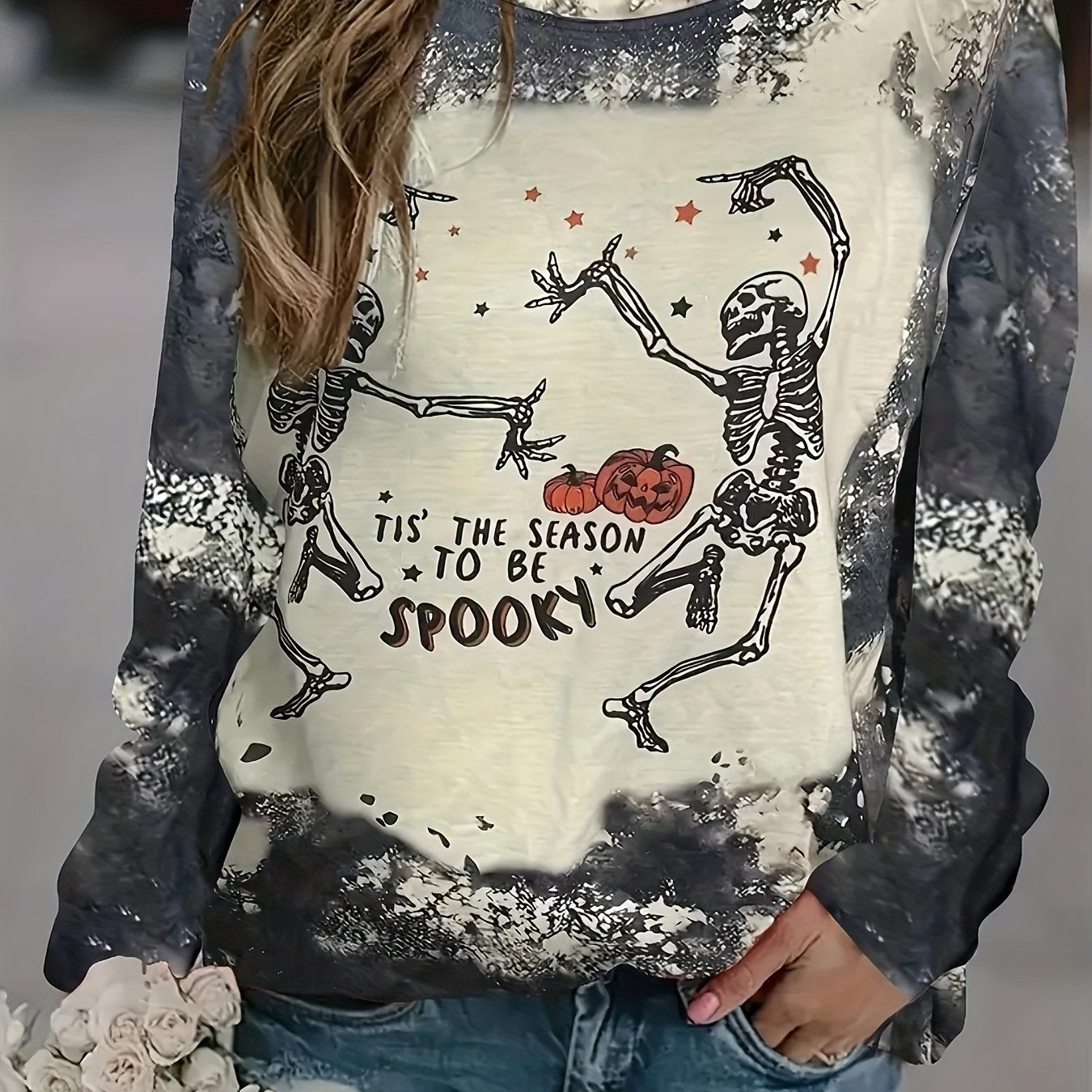 Dancing Skull Print Sweatshirt Crew Neck Long Sleeve Halloween Sweatshirt
