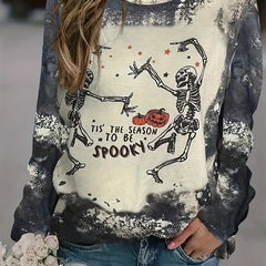 Dancing Skull Print Sweatshirt Crew Neck Long Sleeve Halloween Sweatshirt