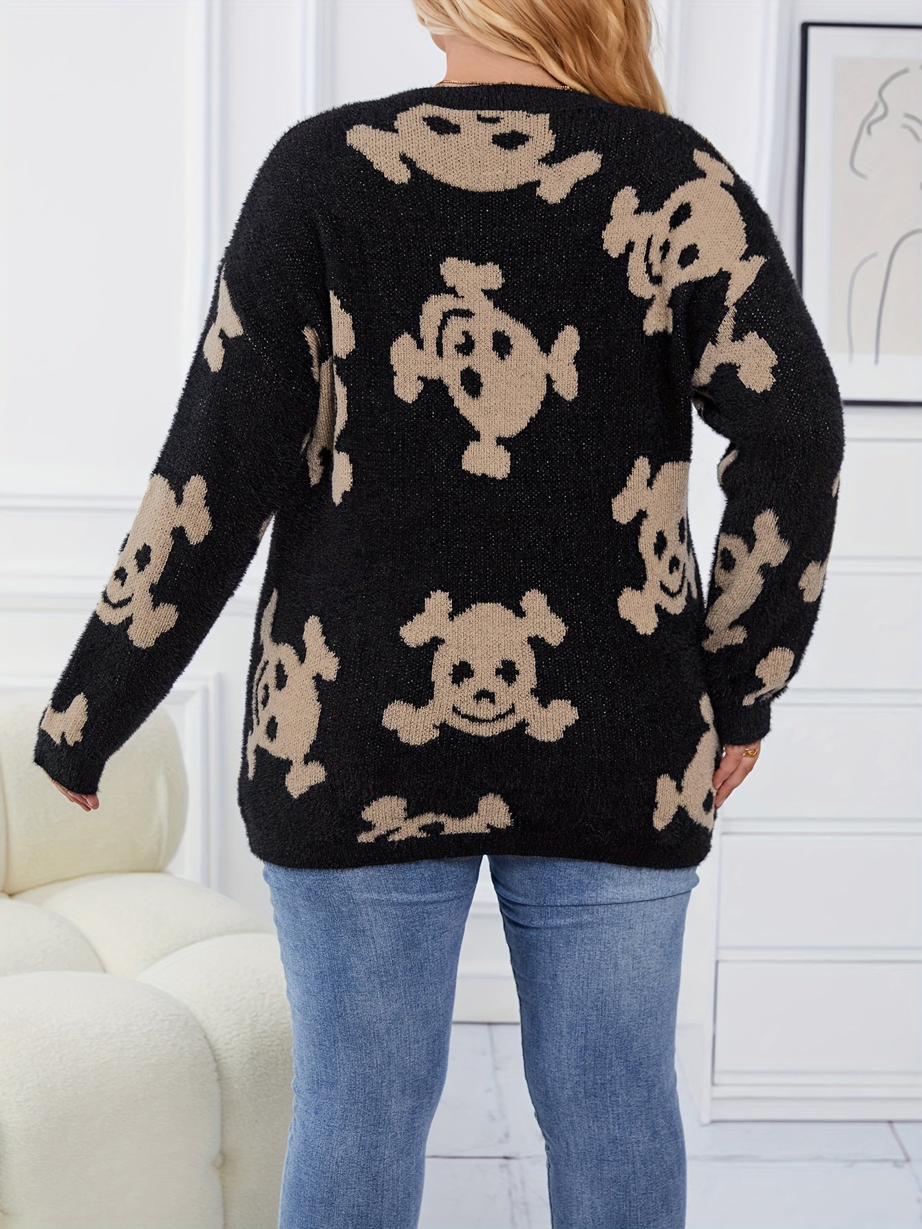 Halloween Skull Print V Neck Sweater Long Sleeve