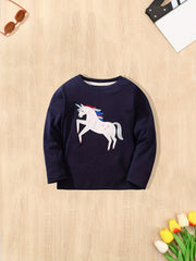Girls Unicorn Embroidery Crew Neck T shirt Cotton Tops