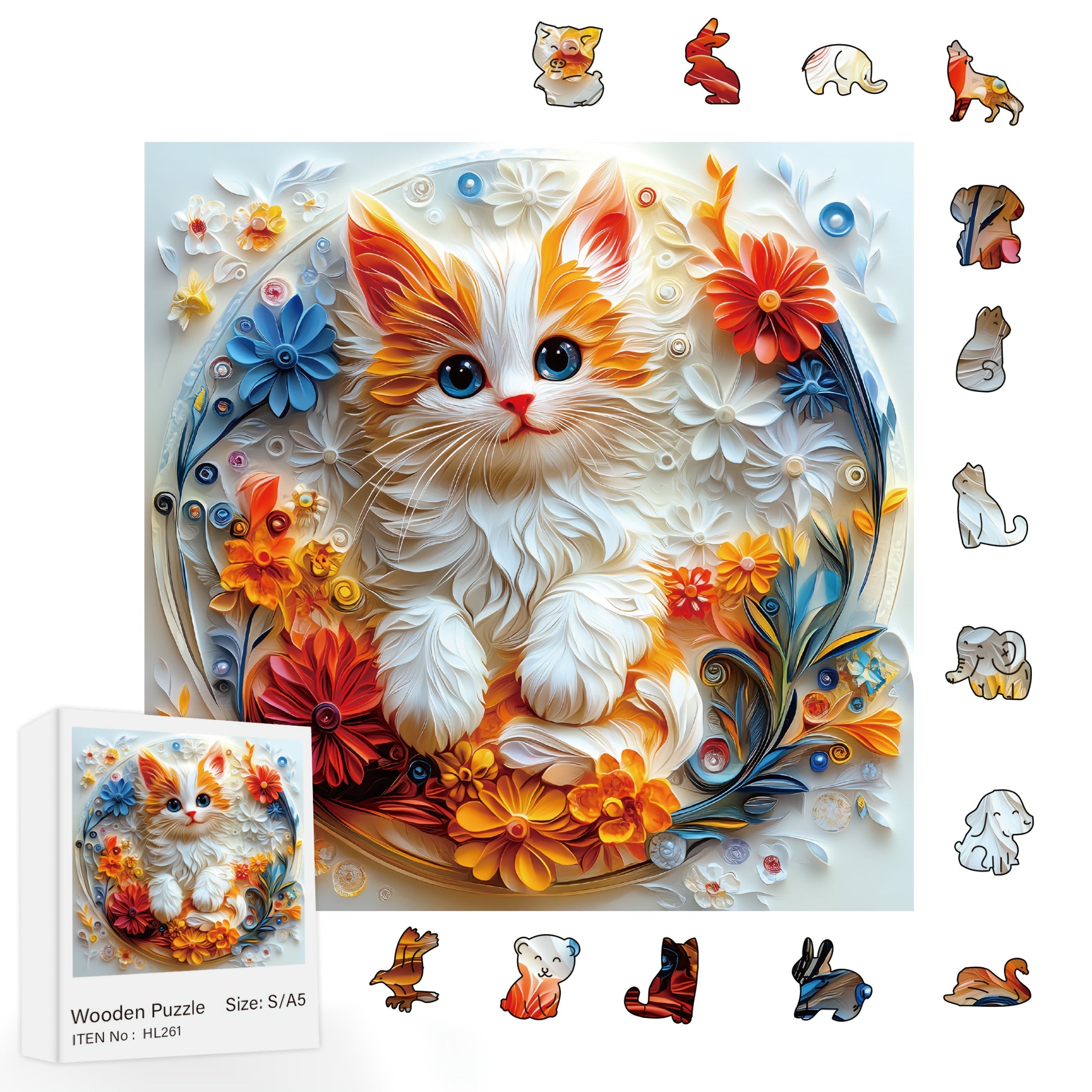 Floral Cat Wood Puzzle Animal Shapes Handcrafted Decor