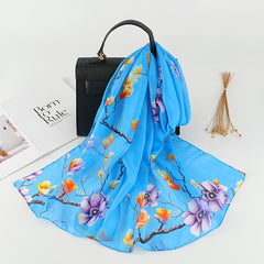 Chiffon Scarf Flower Branch Print Shawl Windproof Head Wrap Travel Beach Towel