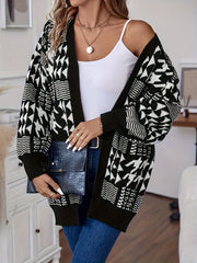 Women's Plus Geometric Print Long Sleeve Open Front Cardigan With Pockets