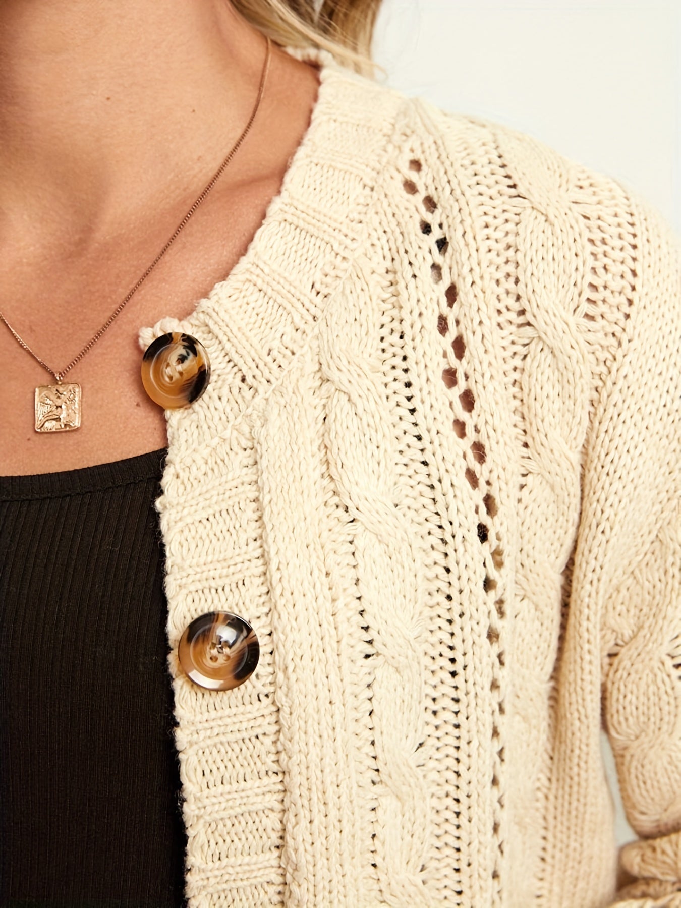 Casual Sweater Solid Cable Button Up High Stretch Cardigan