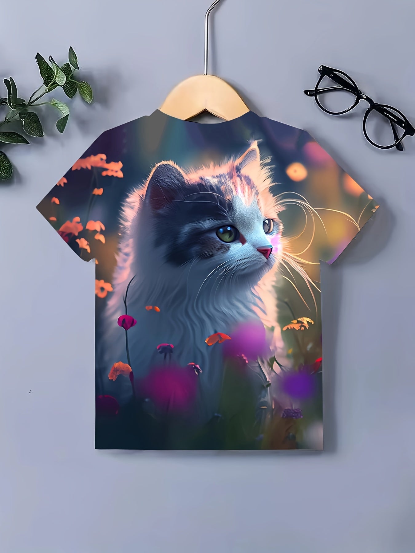 Dreamy Flower Cat Graphic Short Sleeve T shirt Girls Versatile Pullover Tops