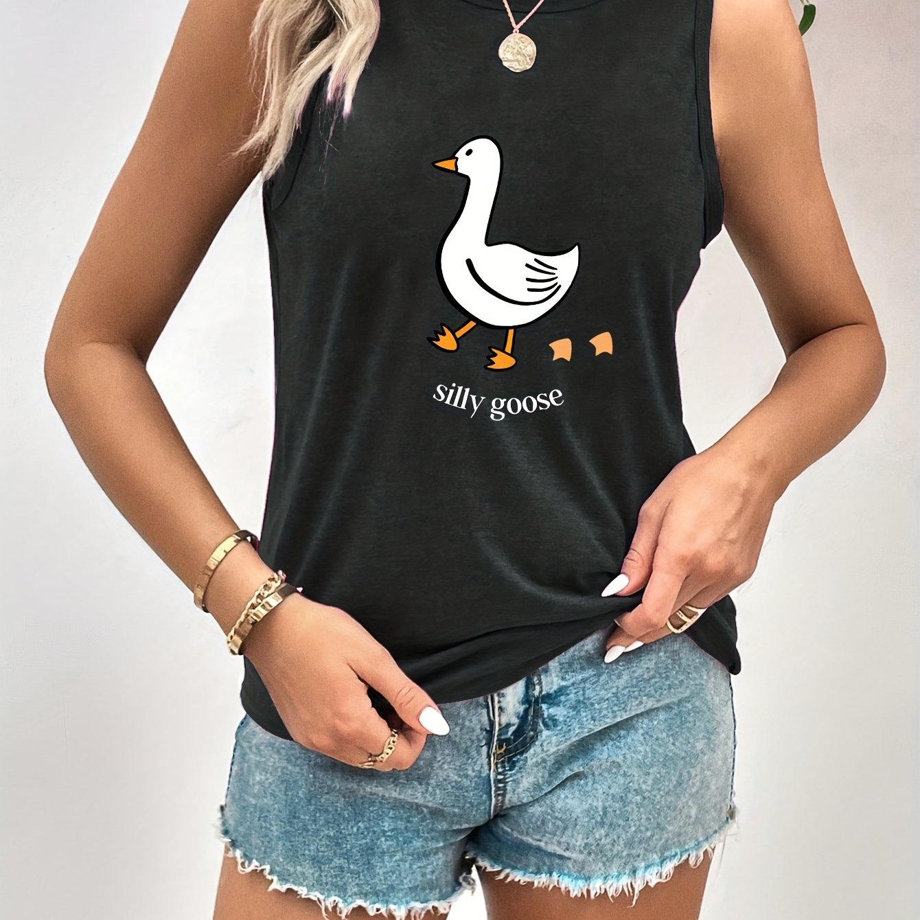 Goose Print Sleeveless Top Crew Neck Summer Top