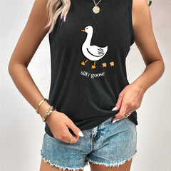 Goose Print Sleeveless Top Crew Neck Summer Top