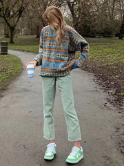 Colorblock Floral Print Long Sleeve Sweater