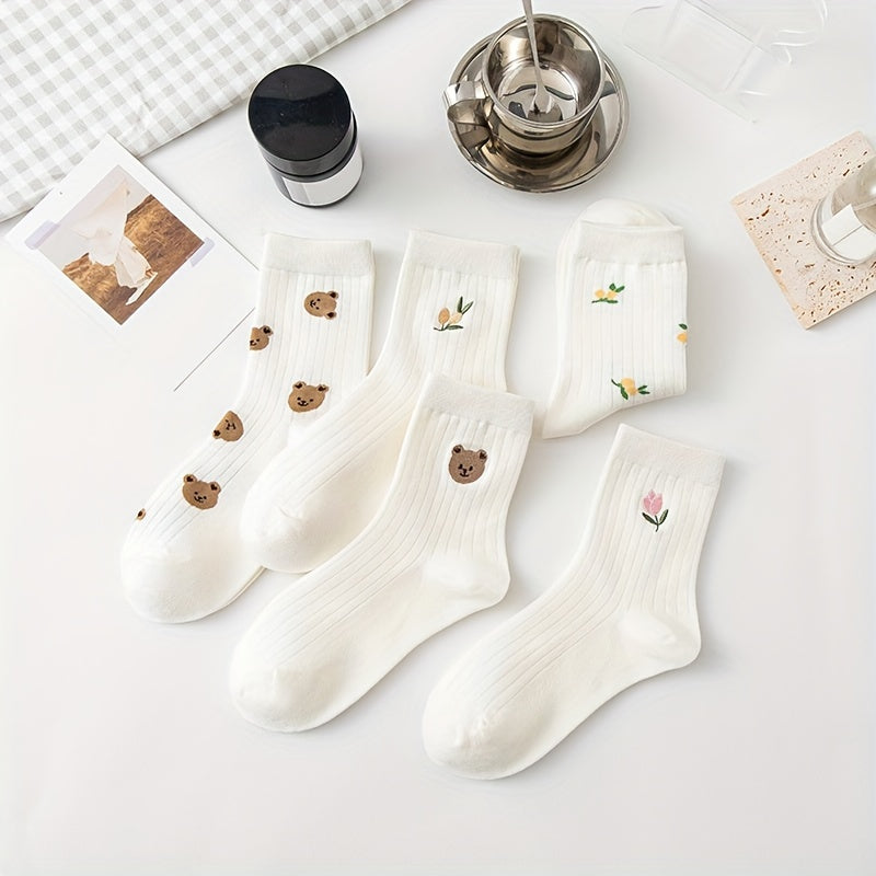 5 Pairs Bear & Floral Pattern Crew Socks Women's Stockings