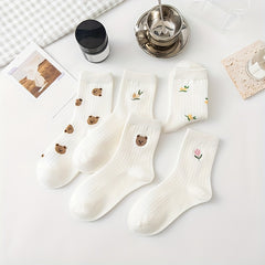 5 Pairs Bear & Floral Pattern Crew Socks Women's Stockings