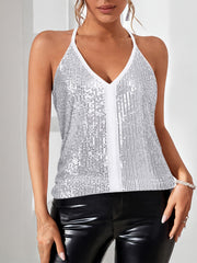 Sequined V Neck Cami Top Solid Sleeveless Party Women's Clothing