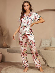 Floral Print Pajama Set Short Sleeve Buttons Top & Elastic Waistband Pants