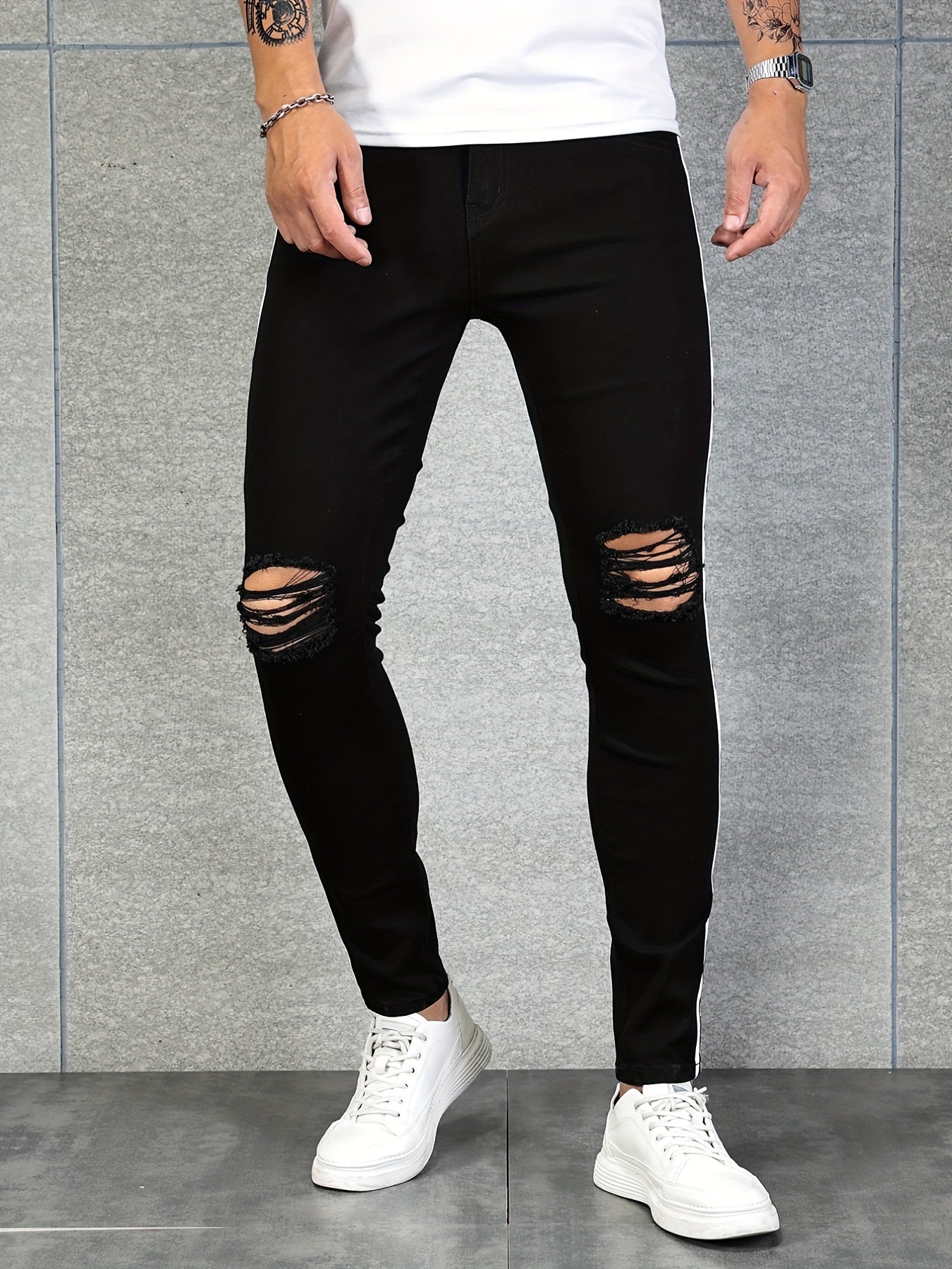 Men's Slim Fit Ripped Jeans Medium Stretch Denim Pants