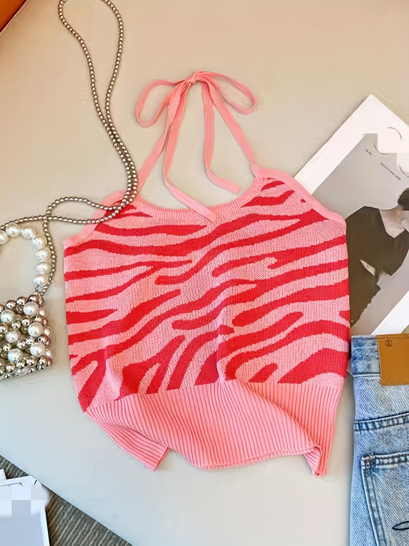 Pattern Halter Top Tie Back Sleeveless Summer Top