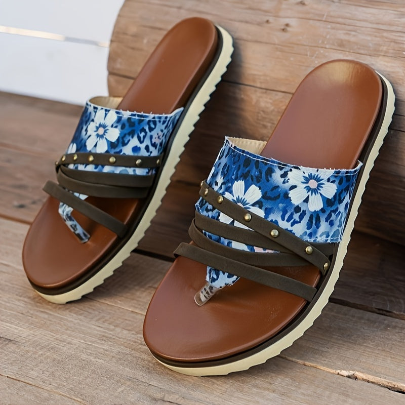 Women's Rivet Detail Beach Flip Flops Leopard Print Slippers