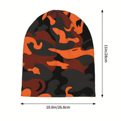 Orange Camo Style Brimless Hat With Rolled Cuff