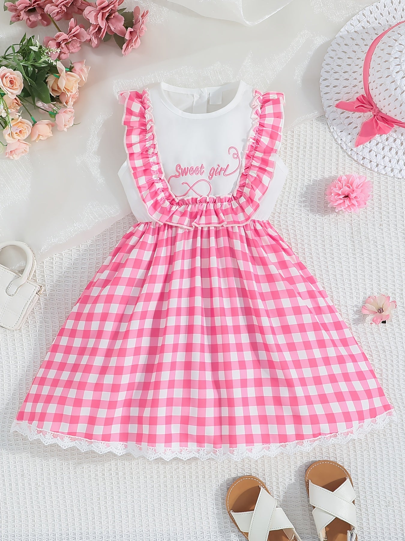 Girls Sleeveless Plaid Dress with Letter Embroidery