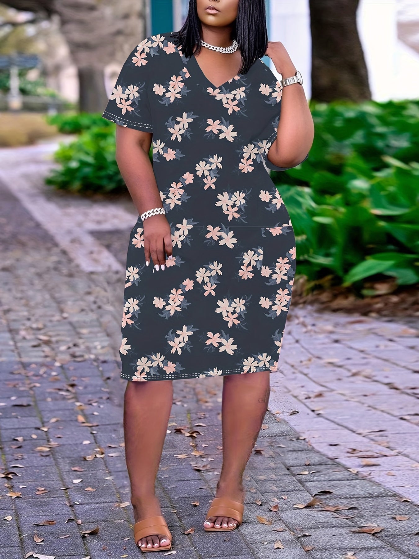 Casual Floral Print V Neck Dress With Pockets