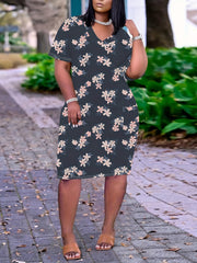 Casual Floral Print V Neck Dress With Pockets