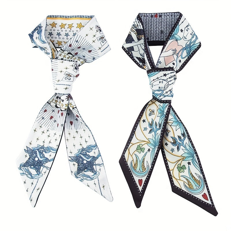 Flower Print Skinny Scarf Long Ribbon Neckerchief Silk Twilly Scarf