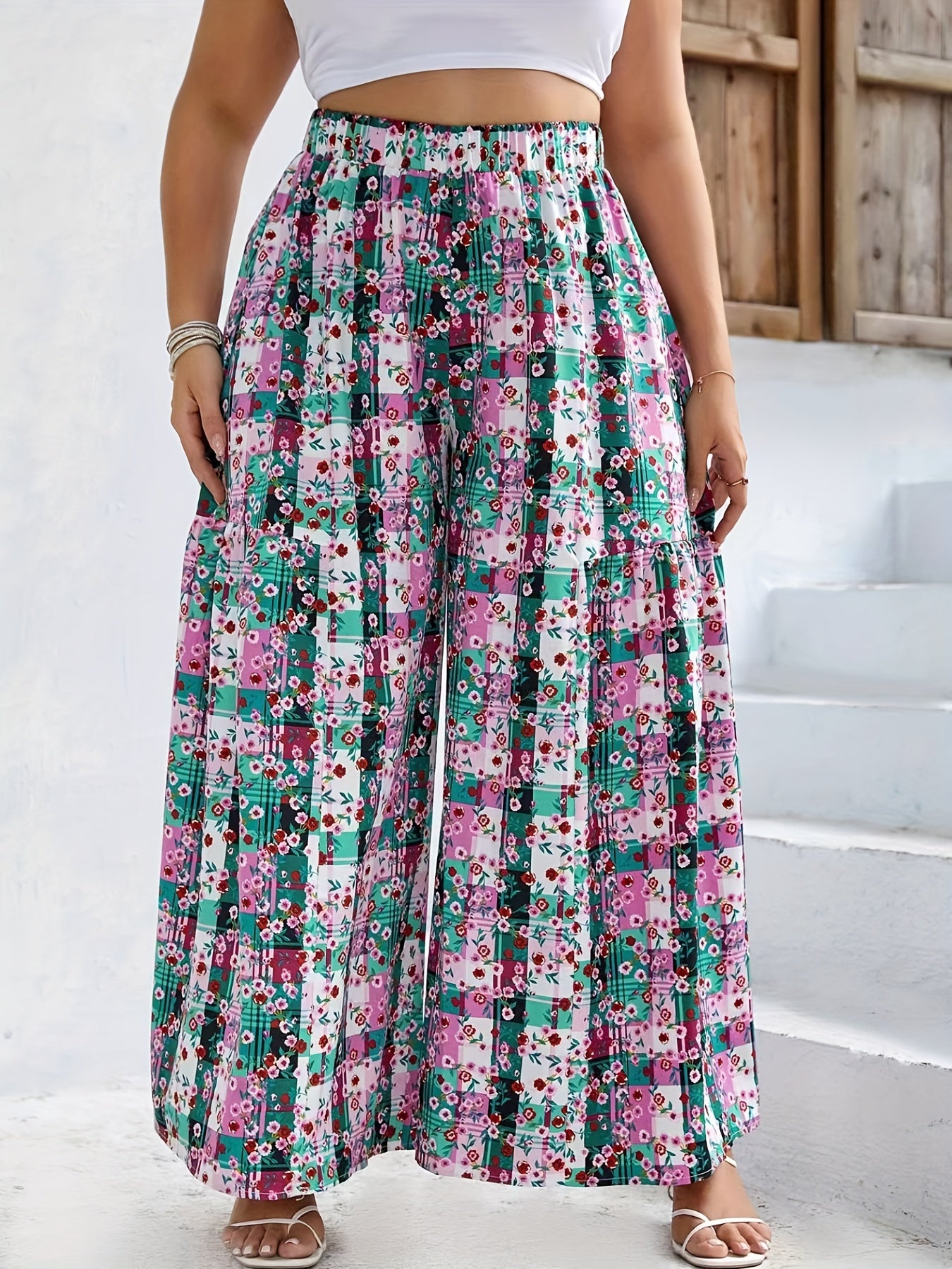 Plaid & Floral Wide Leg Pants
