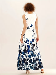 Floral Print Keyhole Maxi Dress Sleeveless Crew Neck Pocket Women's Clothing