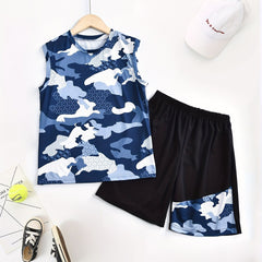 2pcs Camo Boys Sleeveless Tank Tops&Shorts Set Crew Neck Fitness Vest&Shorts
