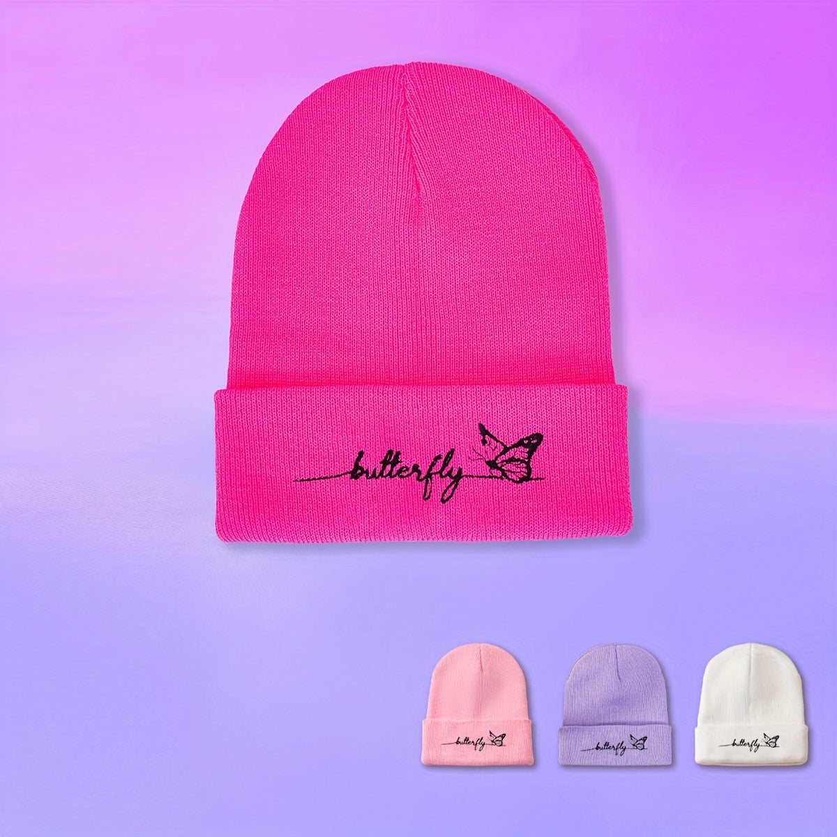 Butterfly Embroidery Knit Hat Y2K Beanie Candy Skull Cap Elastic