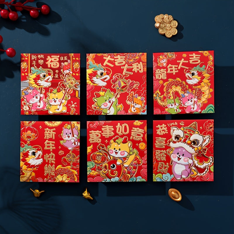 6pcs Chinese New Year Red Envelopes Dragon Year Spring Red Envelope Bag