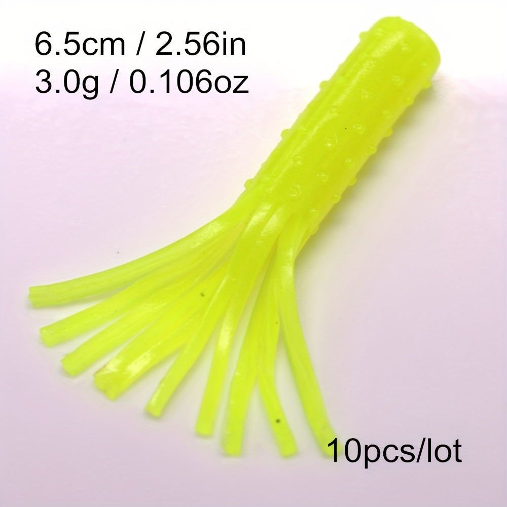 10pcs Tube Worms Skirt Rooster Tail Soft Fishing Lures 2.56in