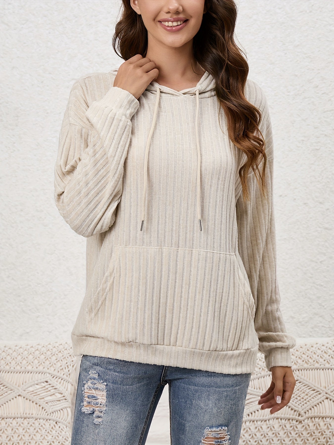 Ribbed Kangaroo Pocket Hoodie Long Sleeve Women's Sweatshirt