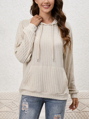 Ribbed Kangaroo Pocket Hoodie Long Sleeve Women's Sweatshirt