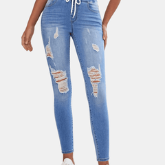 Ripped Holes Skinny Jeans Slim Fit Distressed Elastic Waist Versatile Denim Pant