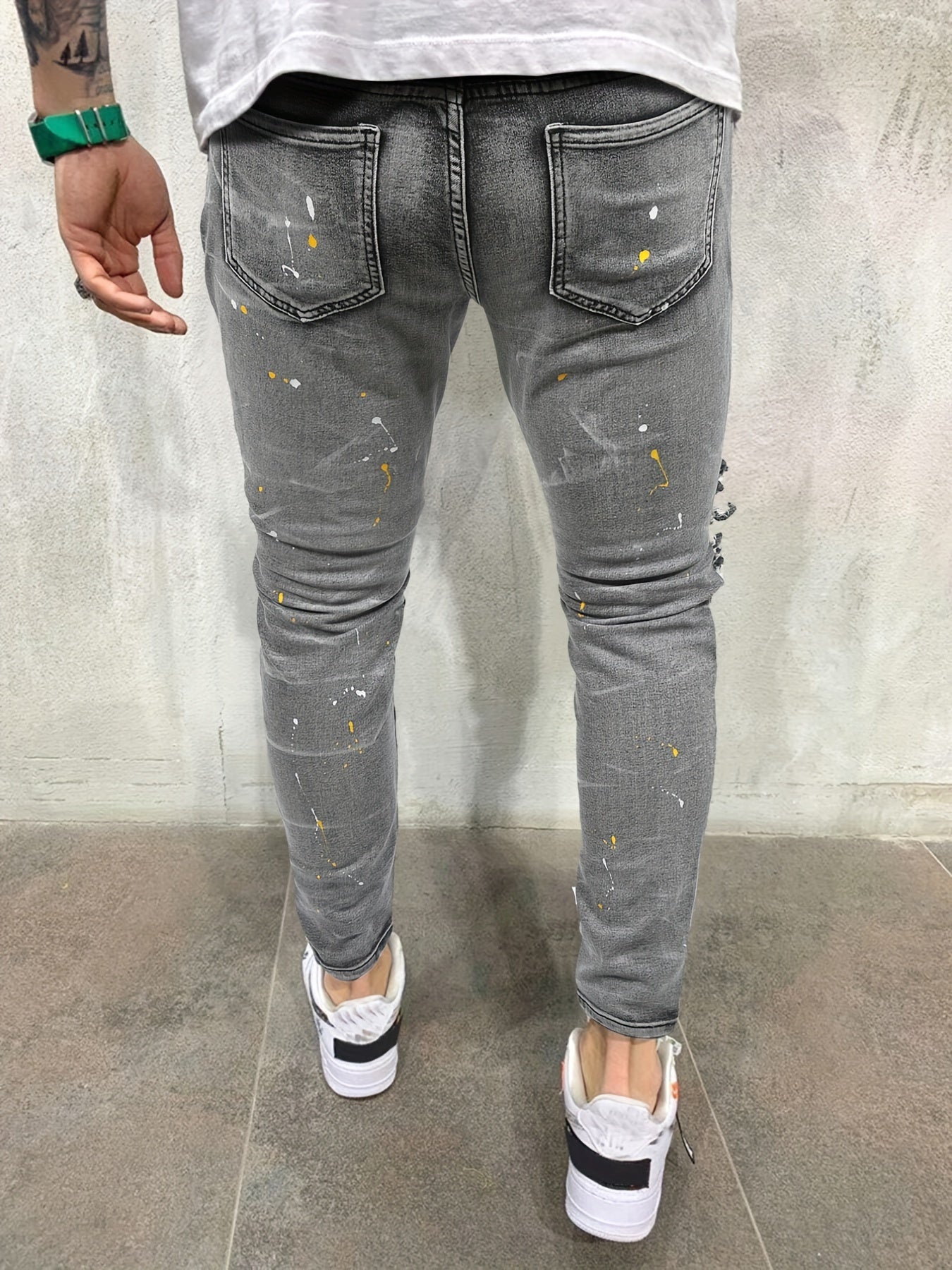 Paint Splatter Ripped Slim Fit Jeans Men's Casual High Stretch Denim Pants