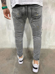 Paint Splatter Ripped Slim Fit Jeans Men's Casual High Stretch Denim Pants