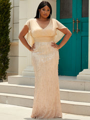 V Neck Sequin Fringe Maxi Dress Women's Formal Long Dress