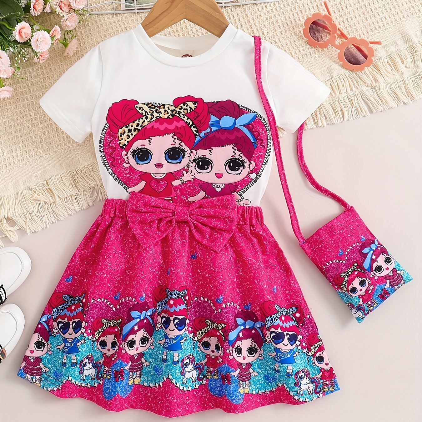 Girl Pattern Outfit 3pcs T-shirt & Bag & Skirt Set for Spring Autumn