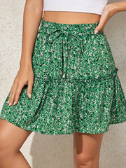 Drawstring Waist Mini Tiered Skirt Floral Print Vacation Casual Layered Skirt