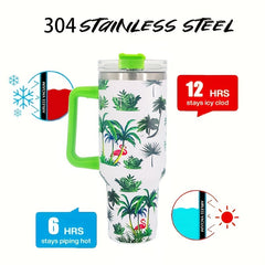 Green Plant Series Stainless Steel Tumbler Insulation Cup With Lid And Straw