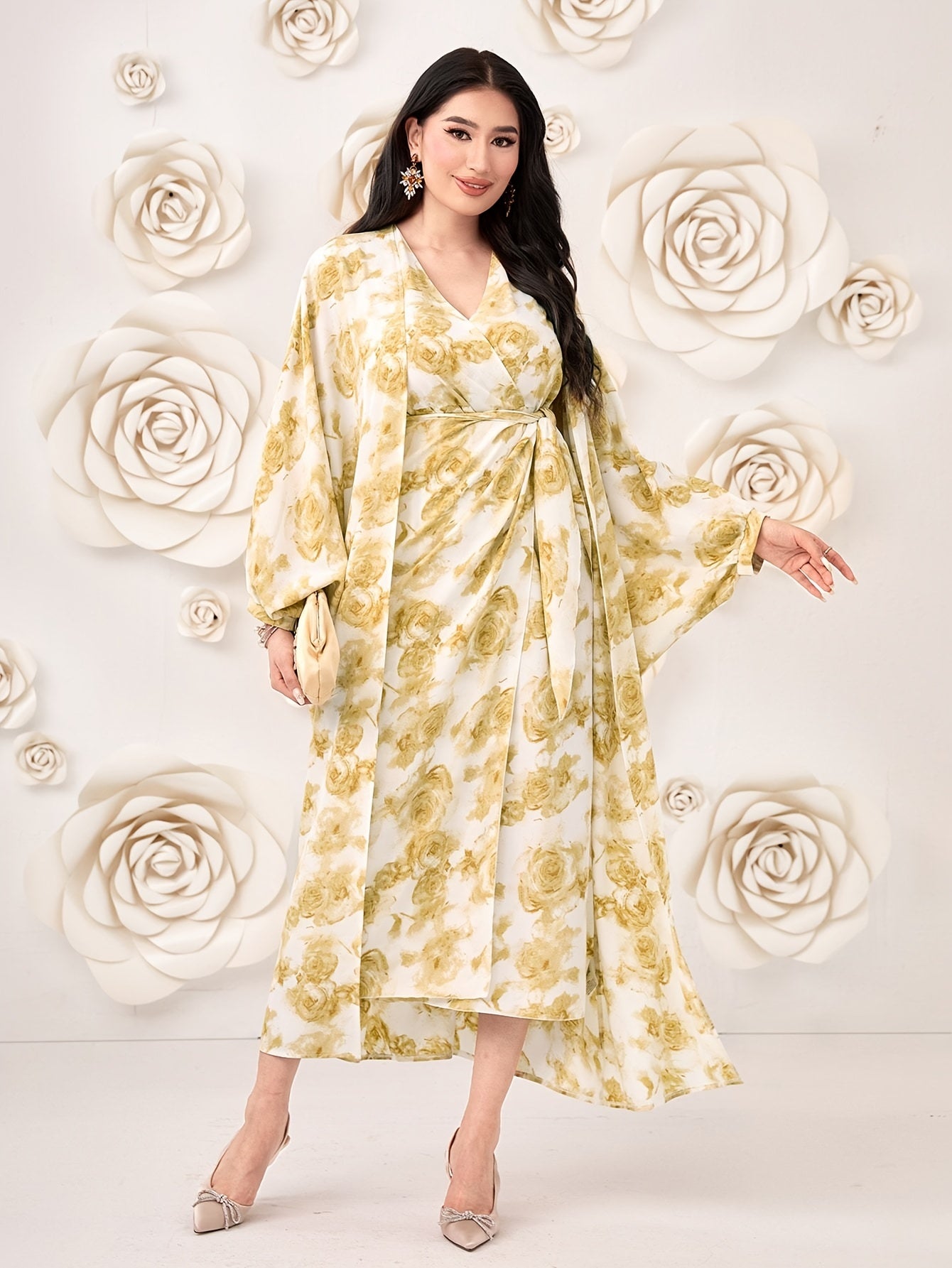 Floral Print 2pc Set Long Cardigan & Knotted Dress